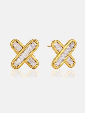 18K Gold Plated X-Design Cubic Zirconia Stud Earrings